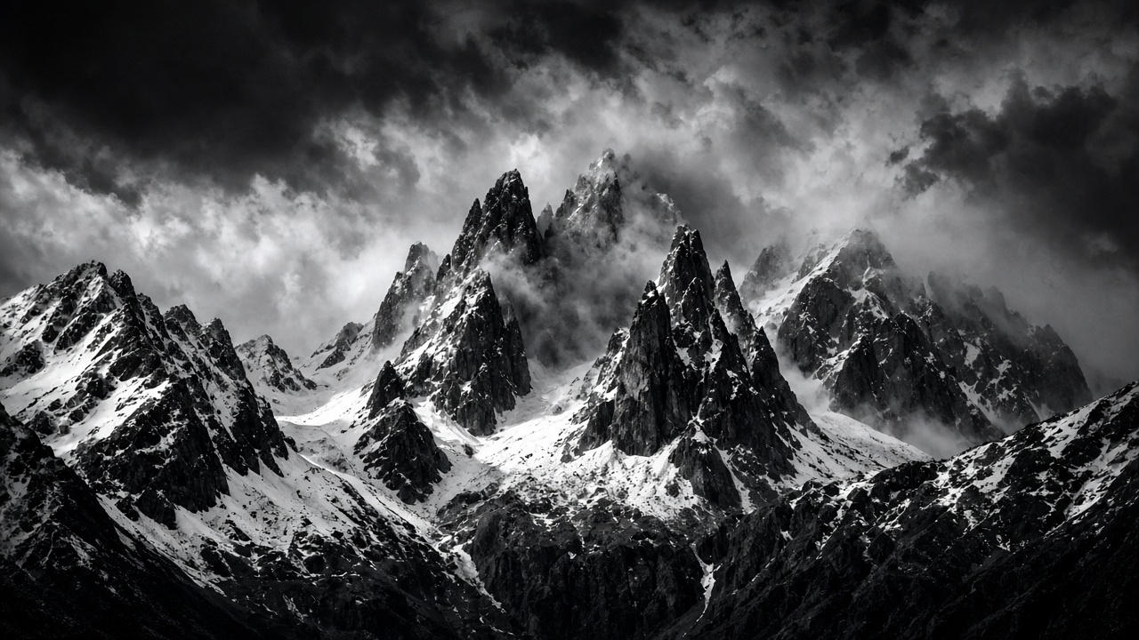 Dramatic black-and-white mountain peaks